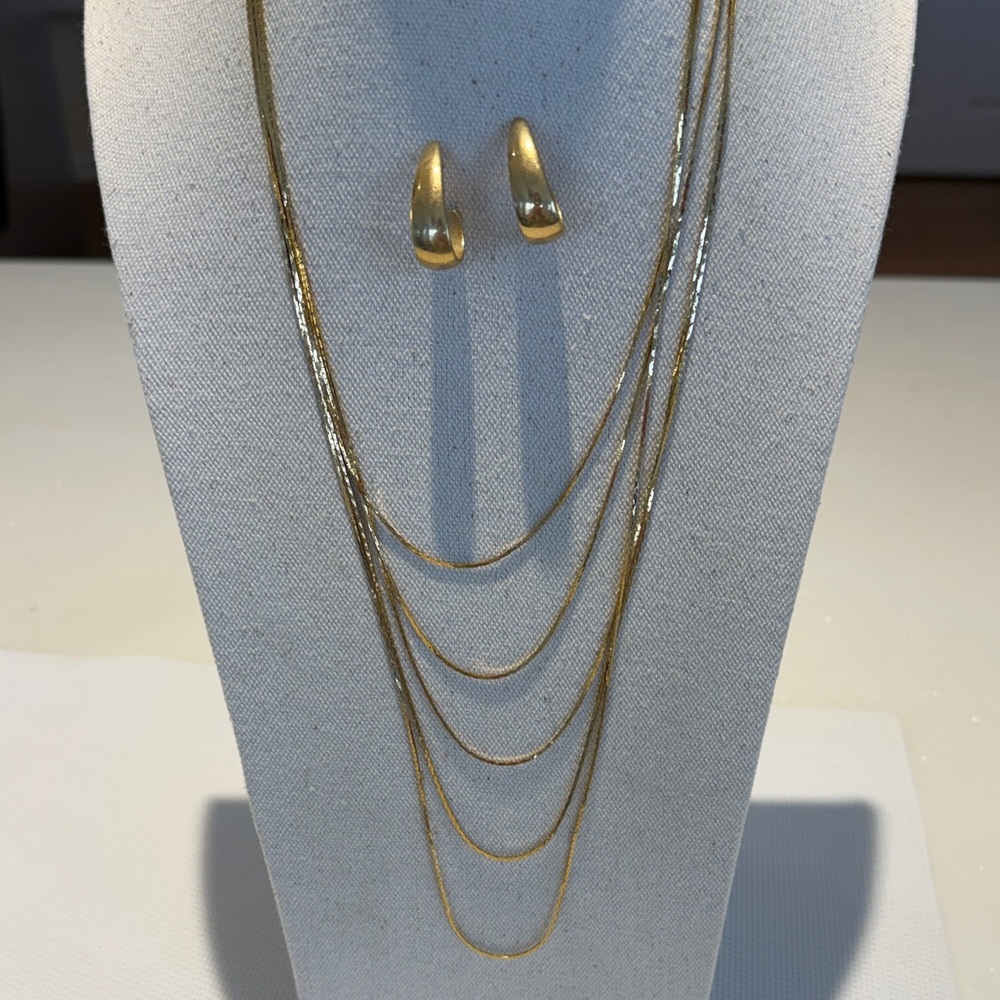 Korea Gold Silver Layered Necklace Set 5 Strand Multistrand Hoop Earrings Dainty